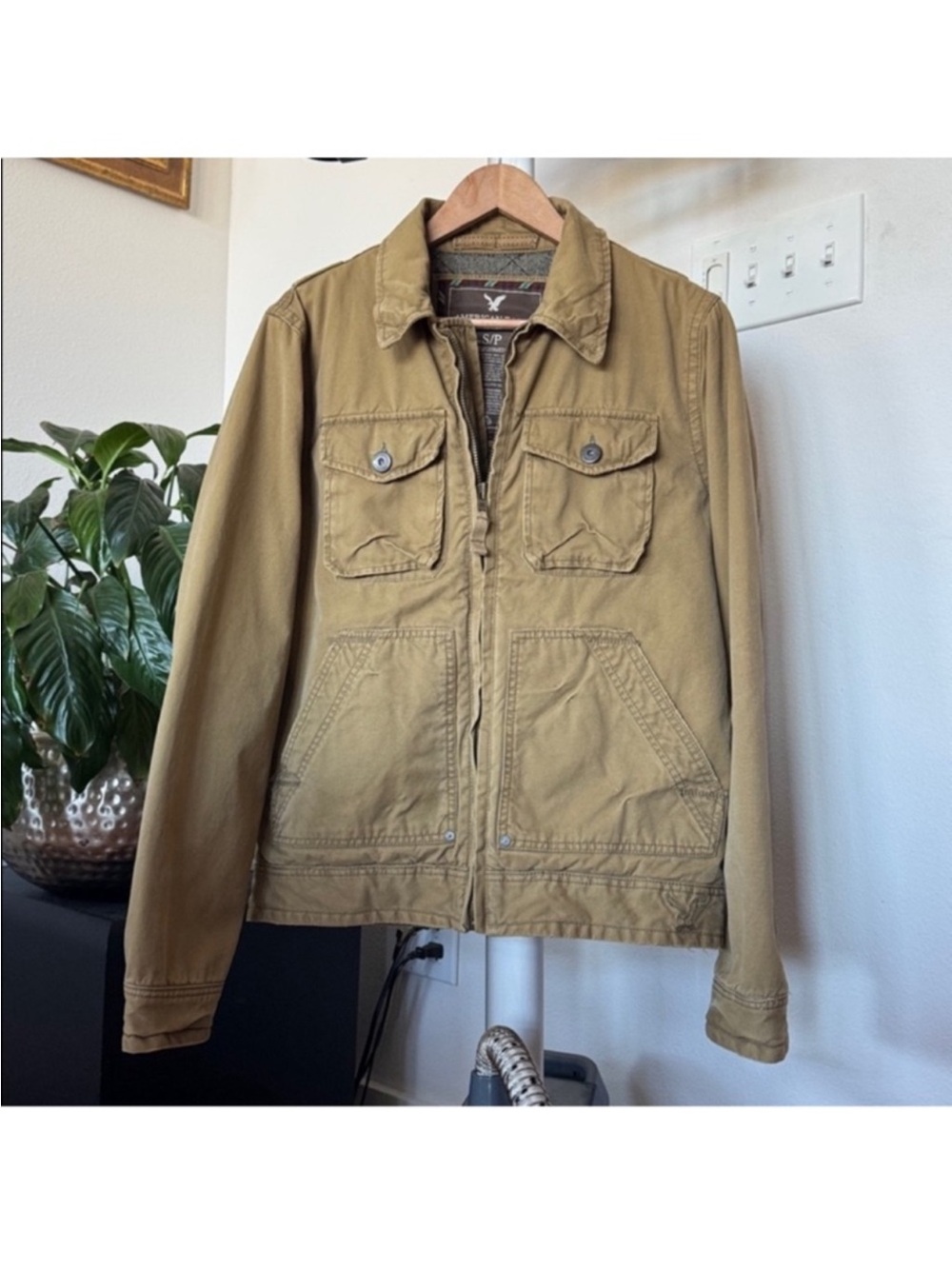 American Eagle Men’s Barn Chore Canvas Military Field Jacket Sz S Tan Khaki Zip